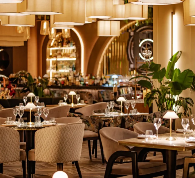 Layered lighting and finishes at Banc Restaurant & Bar